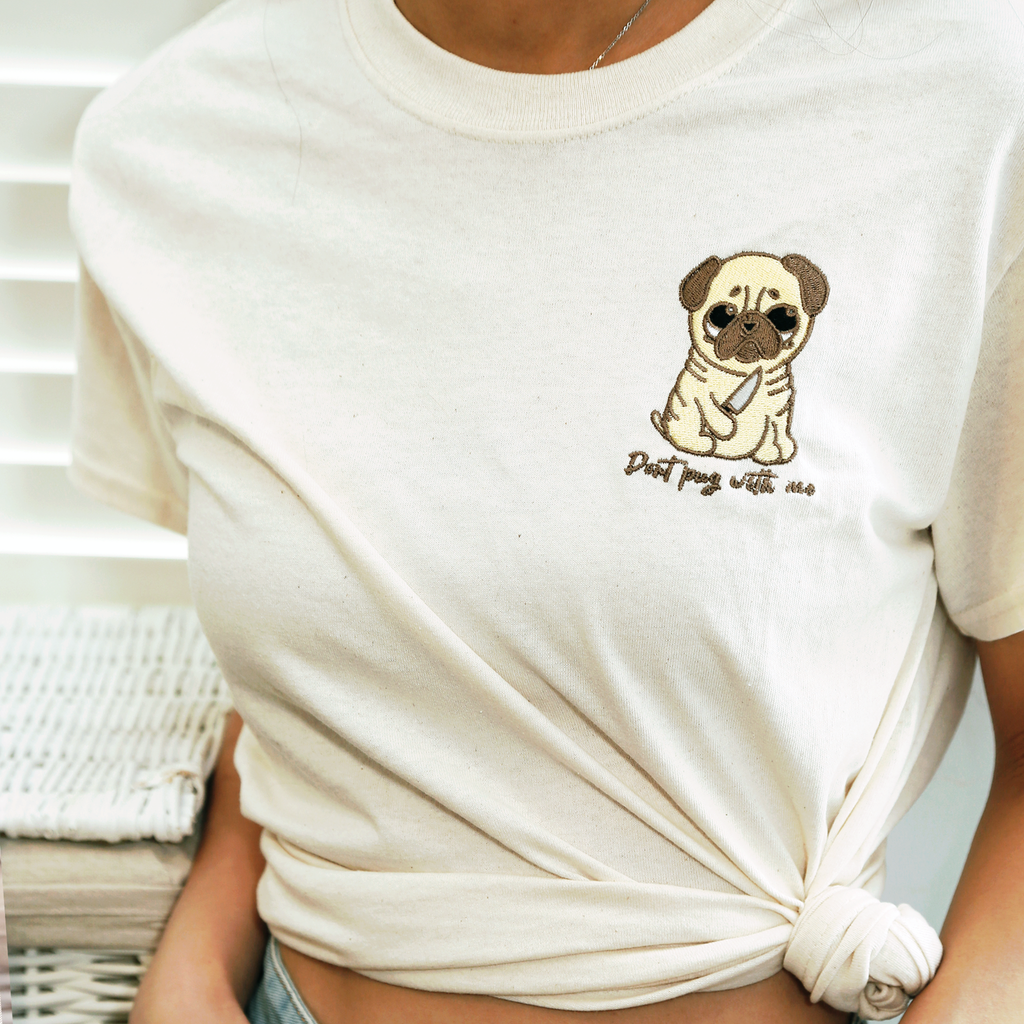 locally embroidered pug crew neck t-shirt. summer outfits, summer ready. Cooling embroidered t-shirts. Dog embroidered t-shirts .