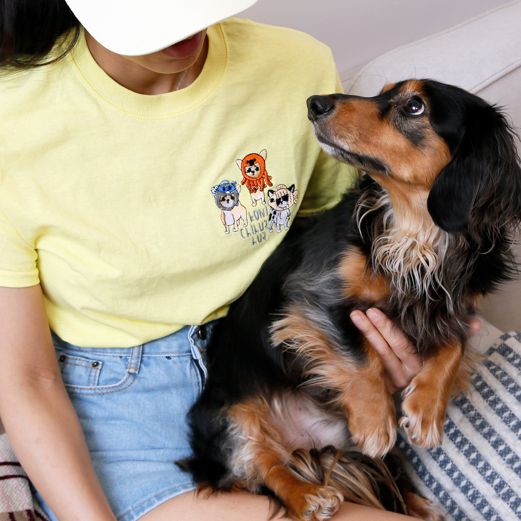 locally embroidered chihuahua crew neck t-shirt. summer outfits, summer ready. Cooling embroidered t-shirts. Dog embroidered t-shirts.