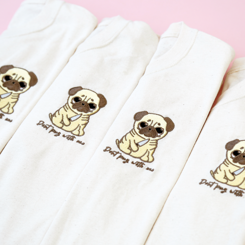 locally embroidered pug crew neck t-shirt. summer outfits, summer ready. Cooling embroidered t-shirts. Dog embroidered t-shirts .