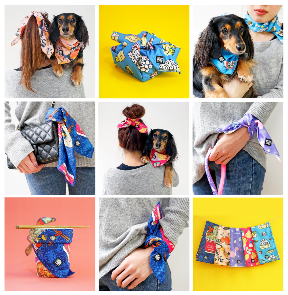 Soft breathable polyester bandana for dogs, wrapping boxes or lunch boxes, hair ties, handbag handle scarf, neck scarfs. Instant weiner design.