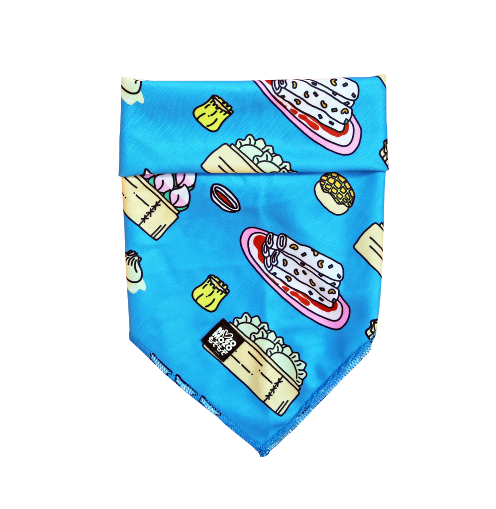 Soft breathable polyester bandana for dogs, wrapping boxes or lunch boxes, hair ties, handbag handle scarf, neck scarfs. Dim sum design.