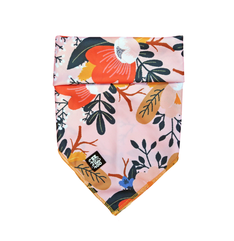 Soft breathable polyester bandana for dogs, wrapping boxes or lunch boxes, hair ties, handbag handle scarf, neck scarfs. Flower patch design.
