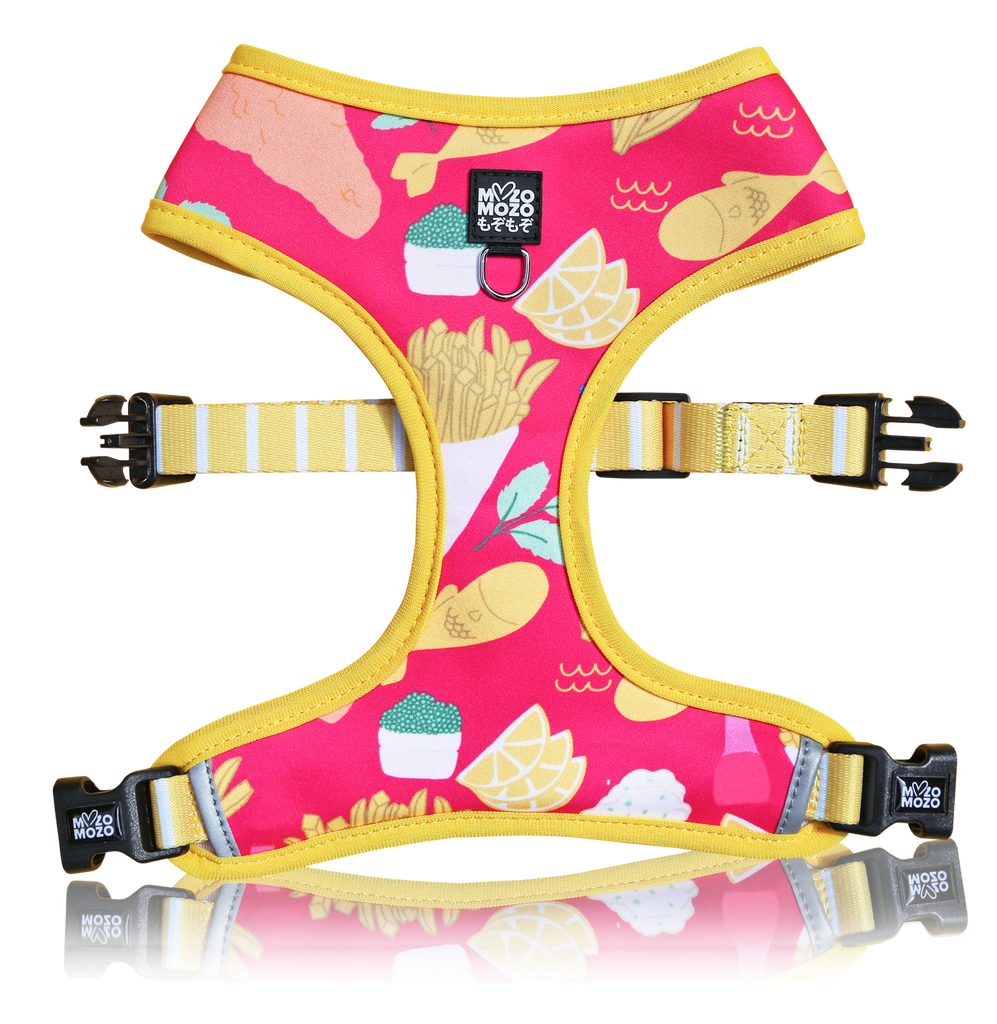 Soft polyester reversible dual design dog harness. Fish and chips design.