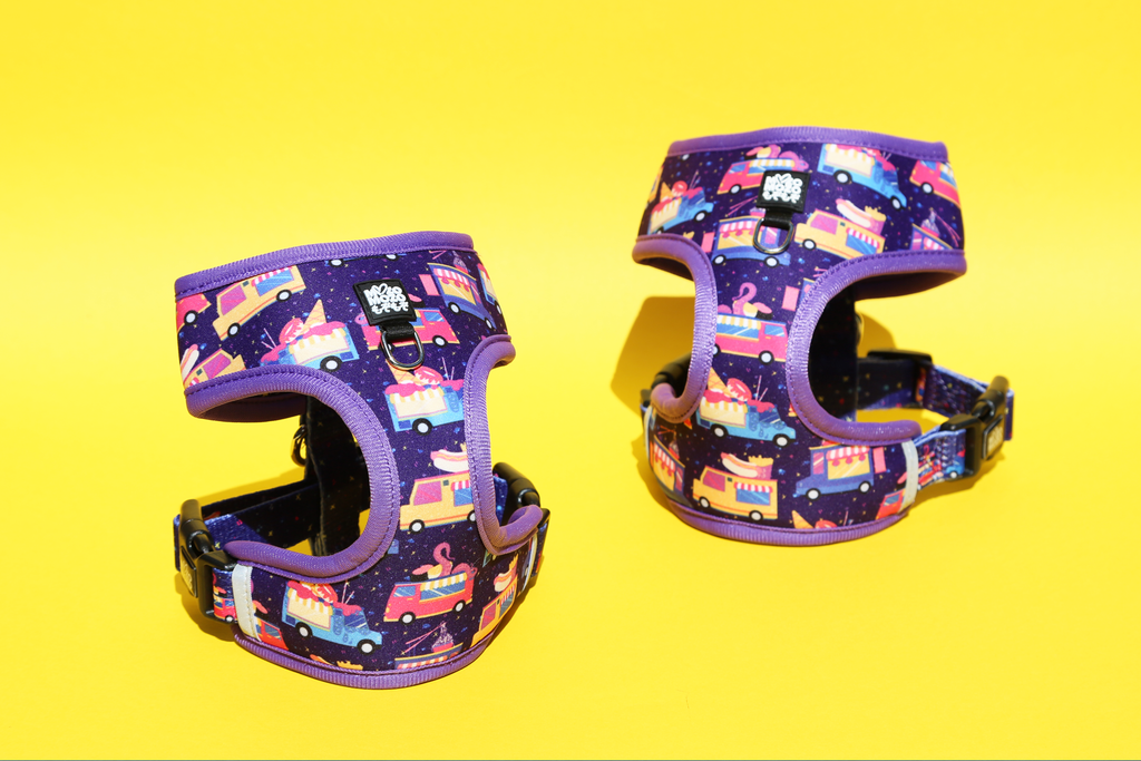 Soft neoprene polyester reversible dual design dog harness. Midnight travelling cafe design. Food truck, dog accessories. 