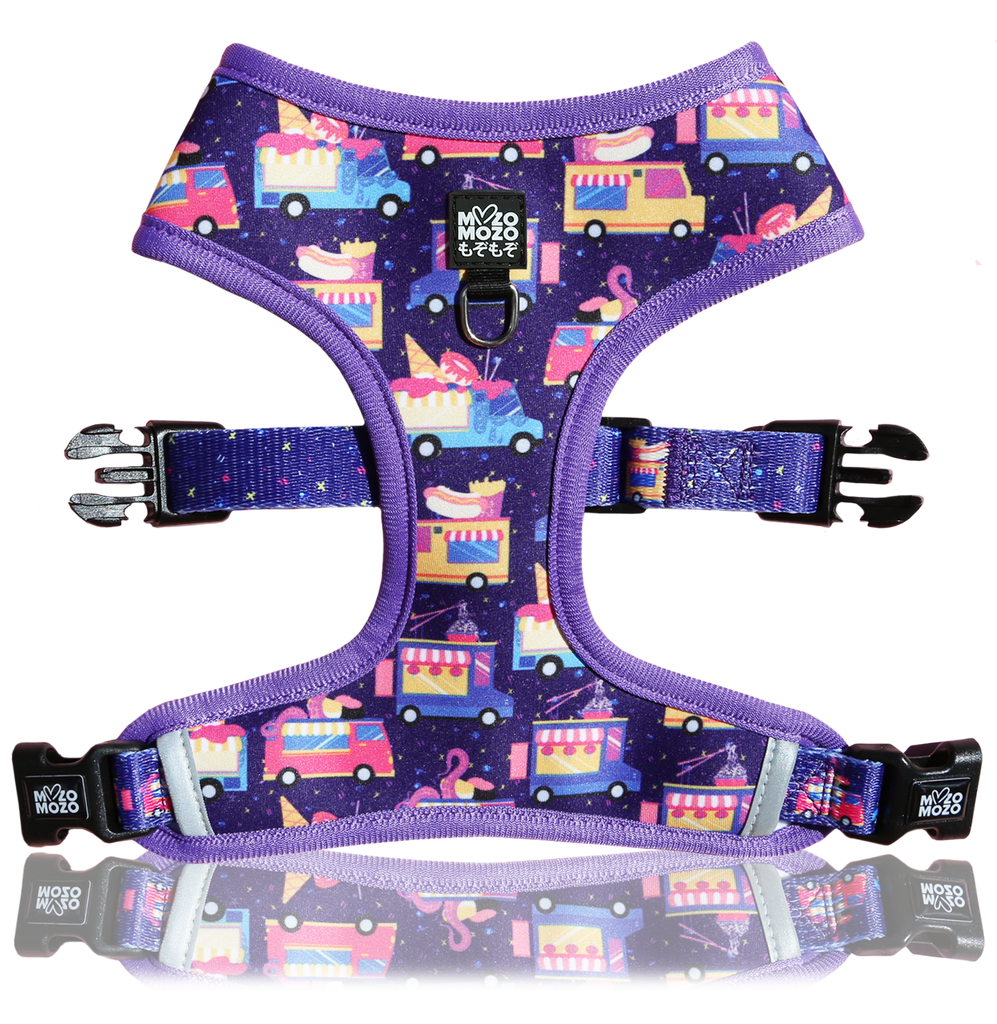 Soft neoprene polyester reversible dual design dog harness. Midnight travelling cafe design. Food truck, dog accessories. 