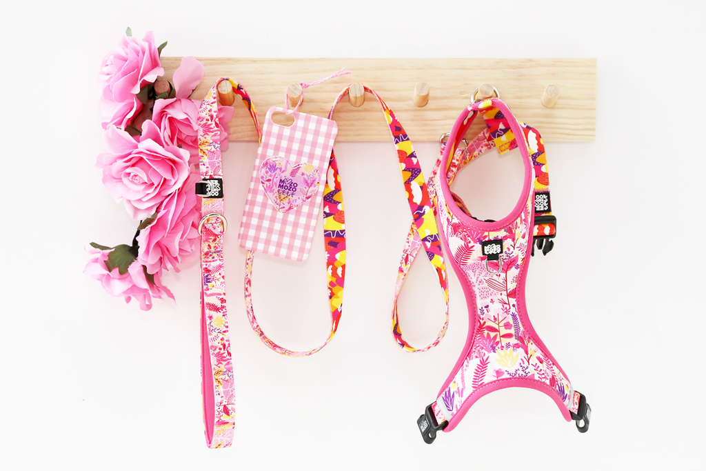 Soft neoprene polyester reversible dual design dog harness. Posy and buds design. Flowers, pink, dog accessories. 
