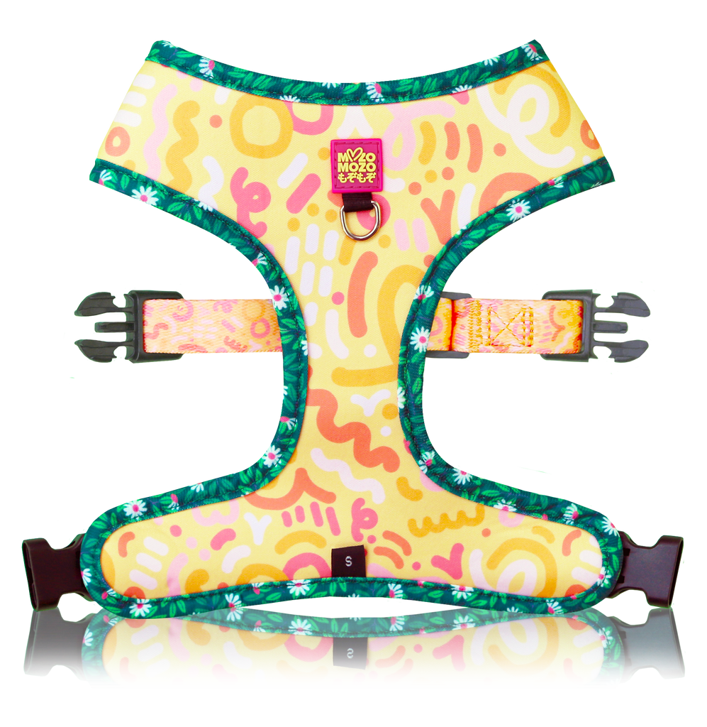 Soft polyester reversible dual design dog harness. 