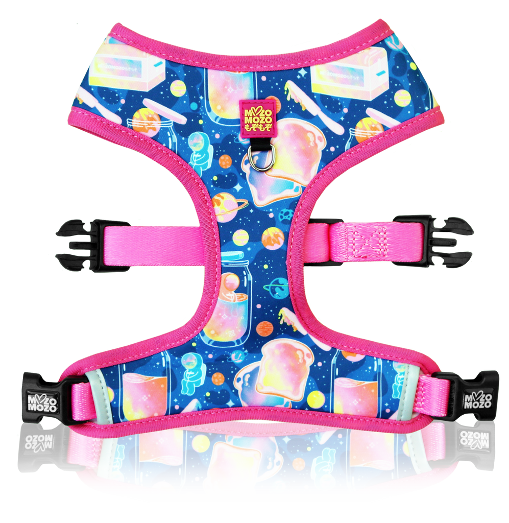 Soft polyester reversible dual design dog harness. 